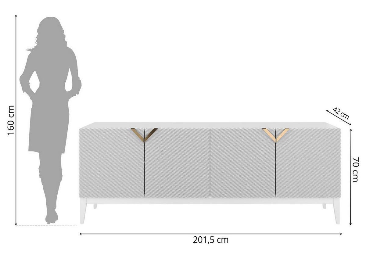SIDEBOARD Demi Long, Weiß-Gold, Mit Gefrästen Fronten, Massive Buche - Goldfarben/Weiß, Holz/Holzwerkstoff (201.5/70/42cm) - Visby