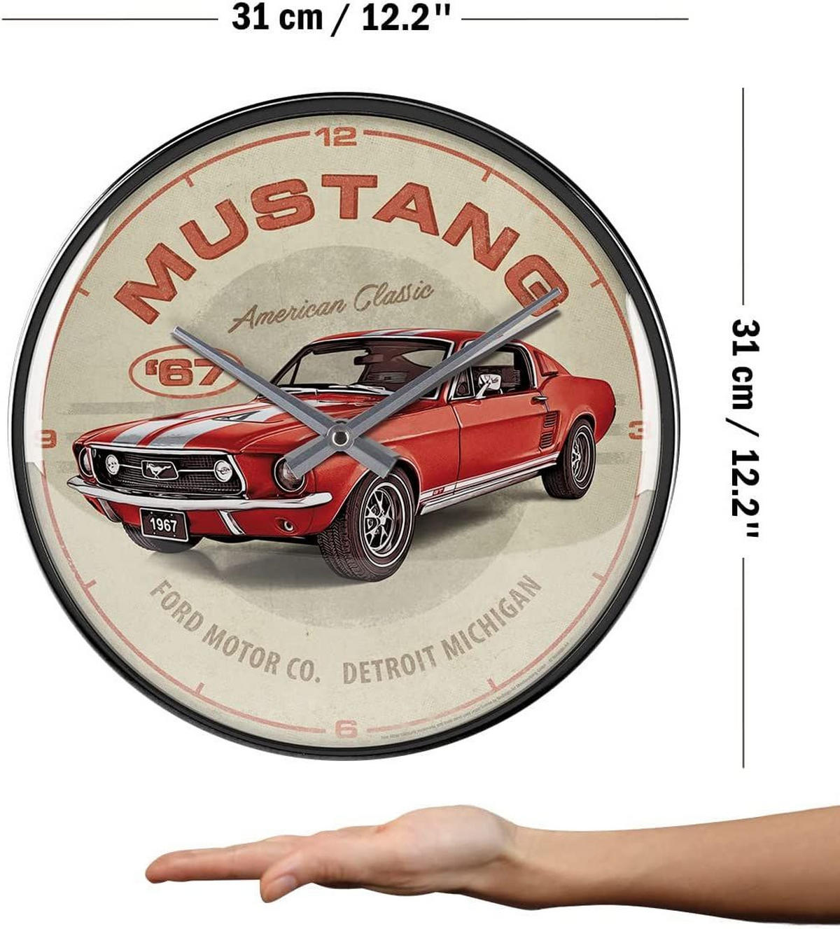 WANDUHR 31 cm Ford Mustang GT 1967 Red - Rot/Creme, Metall (31/31/5cm) - Nostalgic-Art