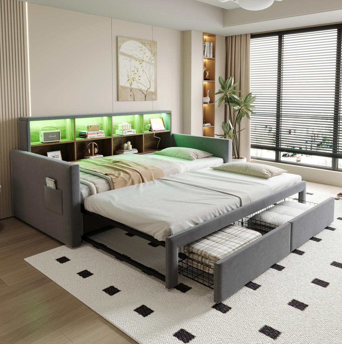 POLSTERBETT 90/190 cm aus Samt mit LED-Lichtleiste, Grau - Grau, Textil (90/190cm) - OKMYHOME