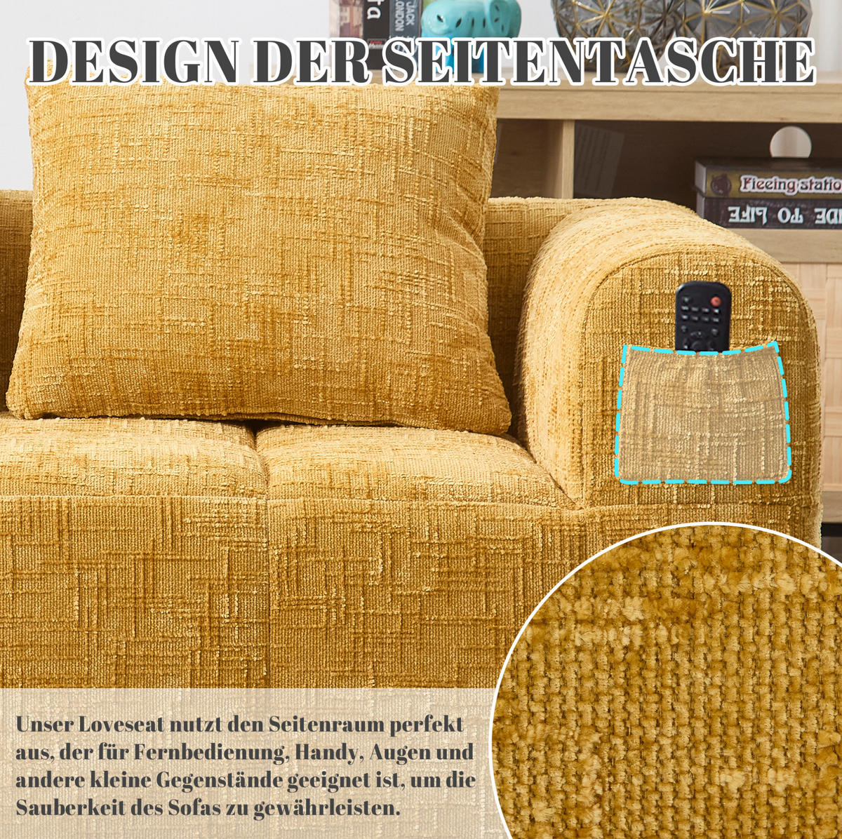 2-SITZER Sofa Chenille mit Chaiselongue und Seitentaschen 158/90/60 cm Gelb - Gelb, Textil (60/158/90cm) - Redom