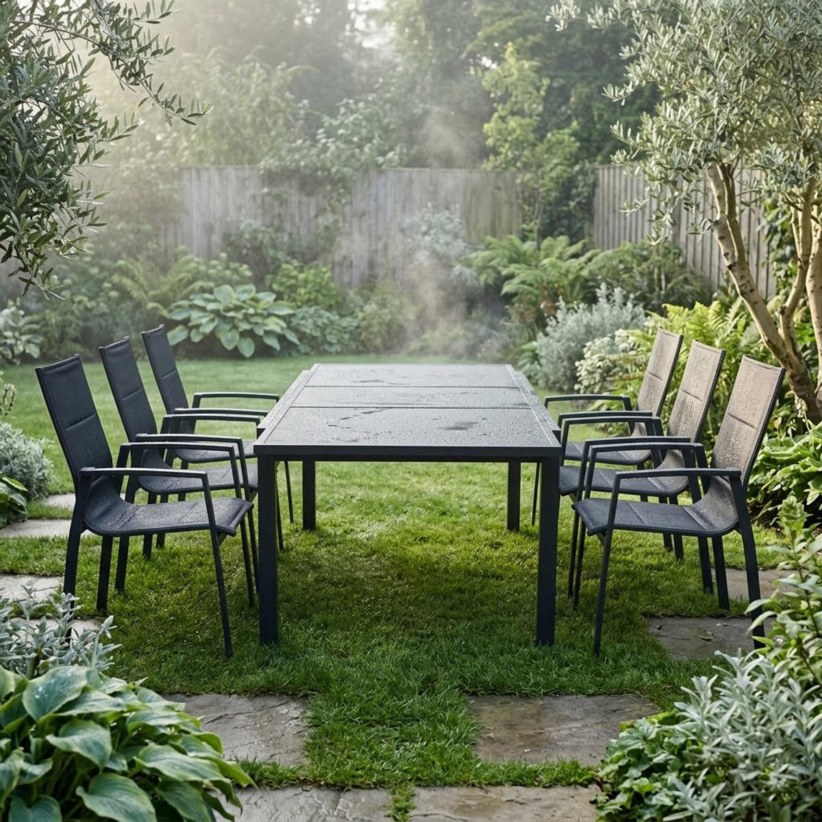 GARTEN-GARNITUR Ashford - 7-teilige Garten-Essgruppe (6x Stapelsessel mit Aluminiumgestell schwarz, Bespannung Textillehne schwarz - Schwarz, Metall - TPFGarden