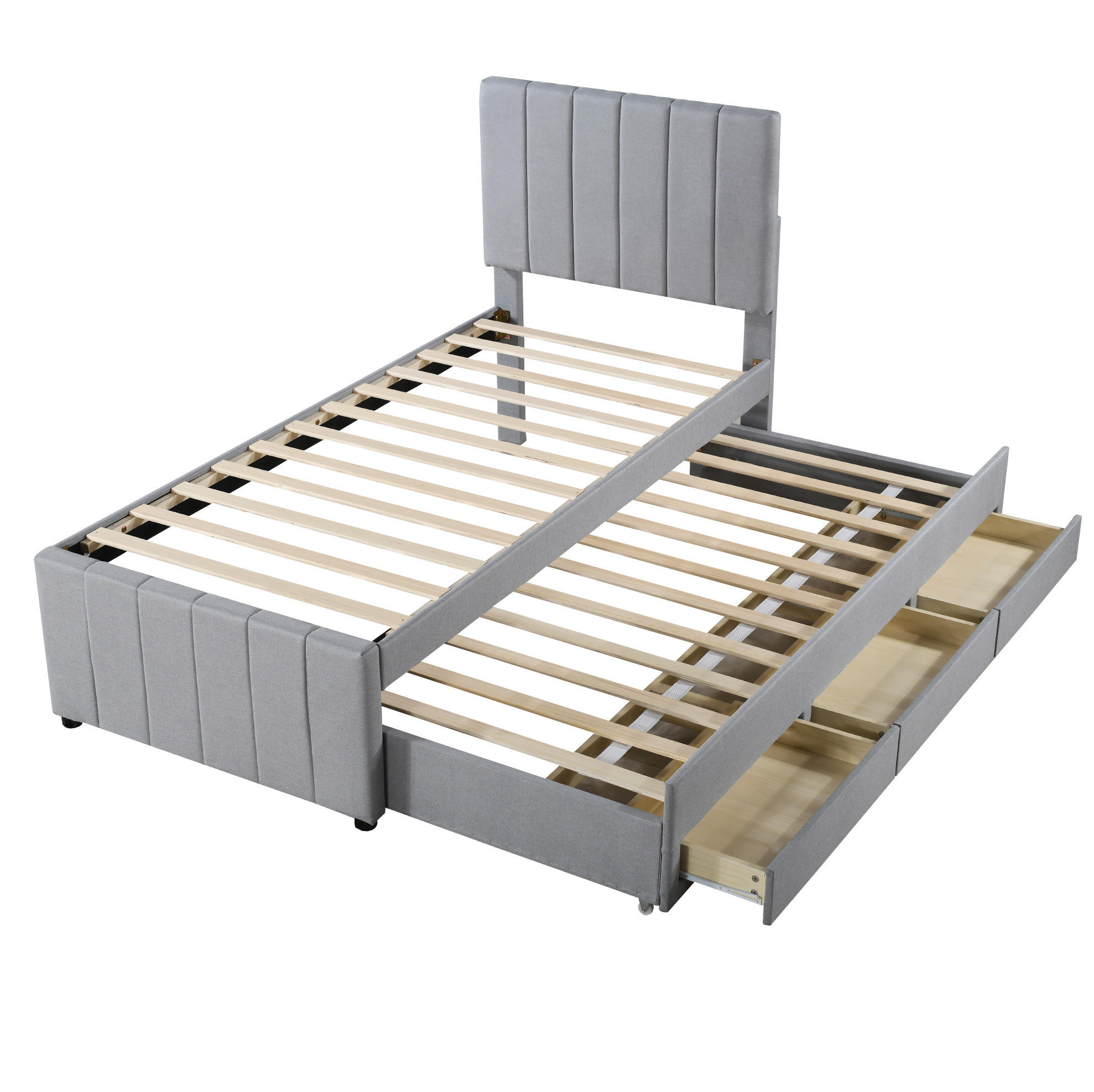 POLSTERBETT 90/200 cm mit Rollbett, 3 Schubladen und verstellbarem Kopfteil - Grau, Textil (90/200cm) - BEAOK