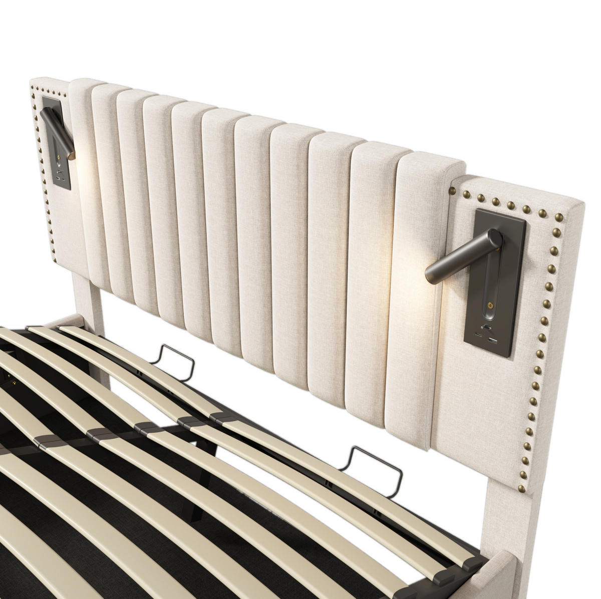 TAPECIRANI krevet od pamuka 160x200 cm bež s podesivim uzglavljem, LED svjetlom, USB/USB-C priključcima i spremištem - bež, tekstil (160/200cm) - Modfu