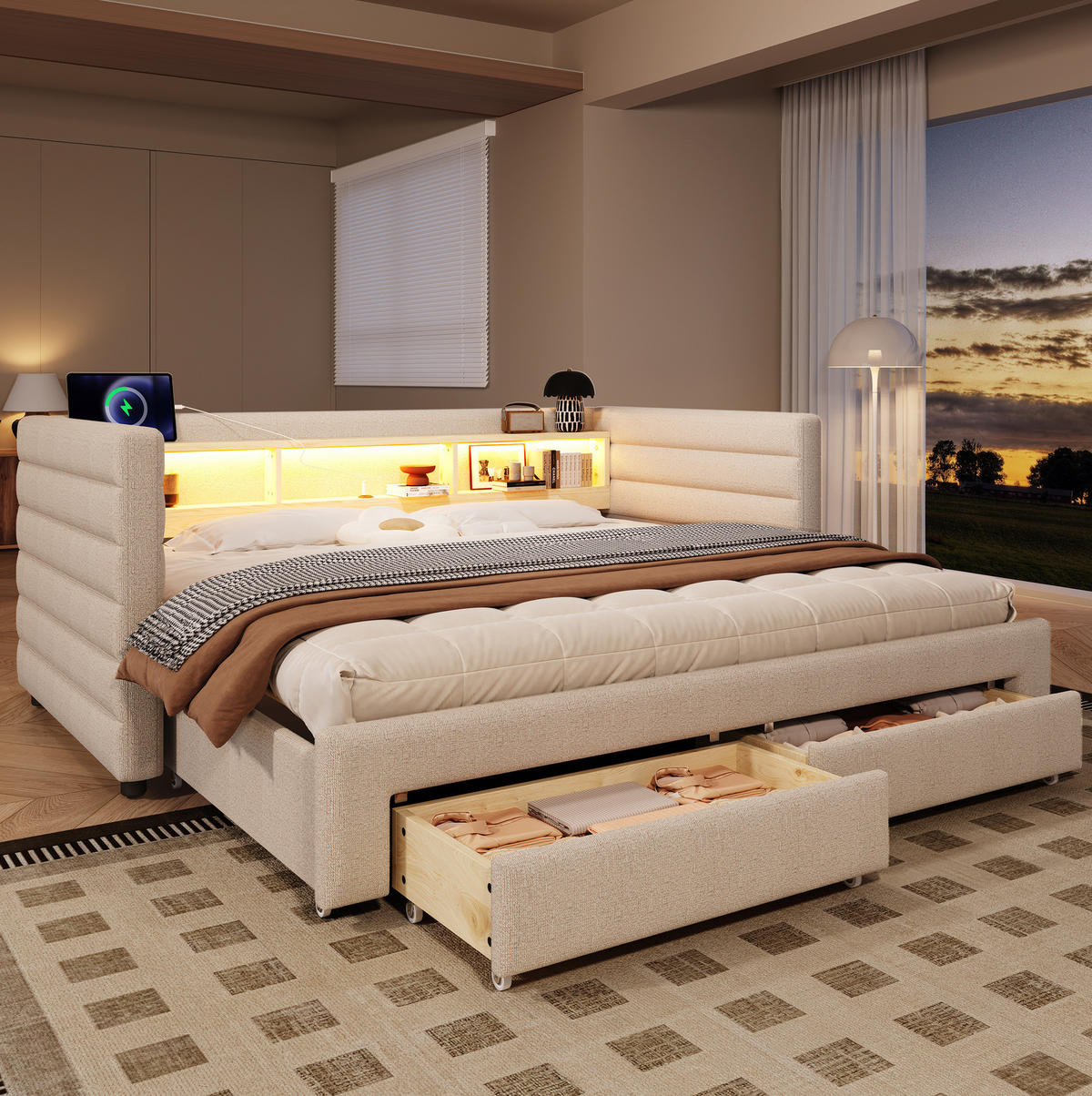 TAGESBETT 90/190 cm Beige aus Samt mit Ausziehfunktion und LED - Beige, Textil (90/190cm) - OKWISH