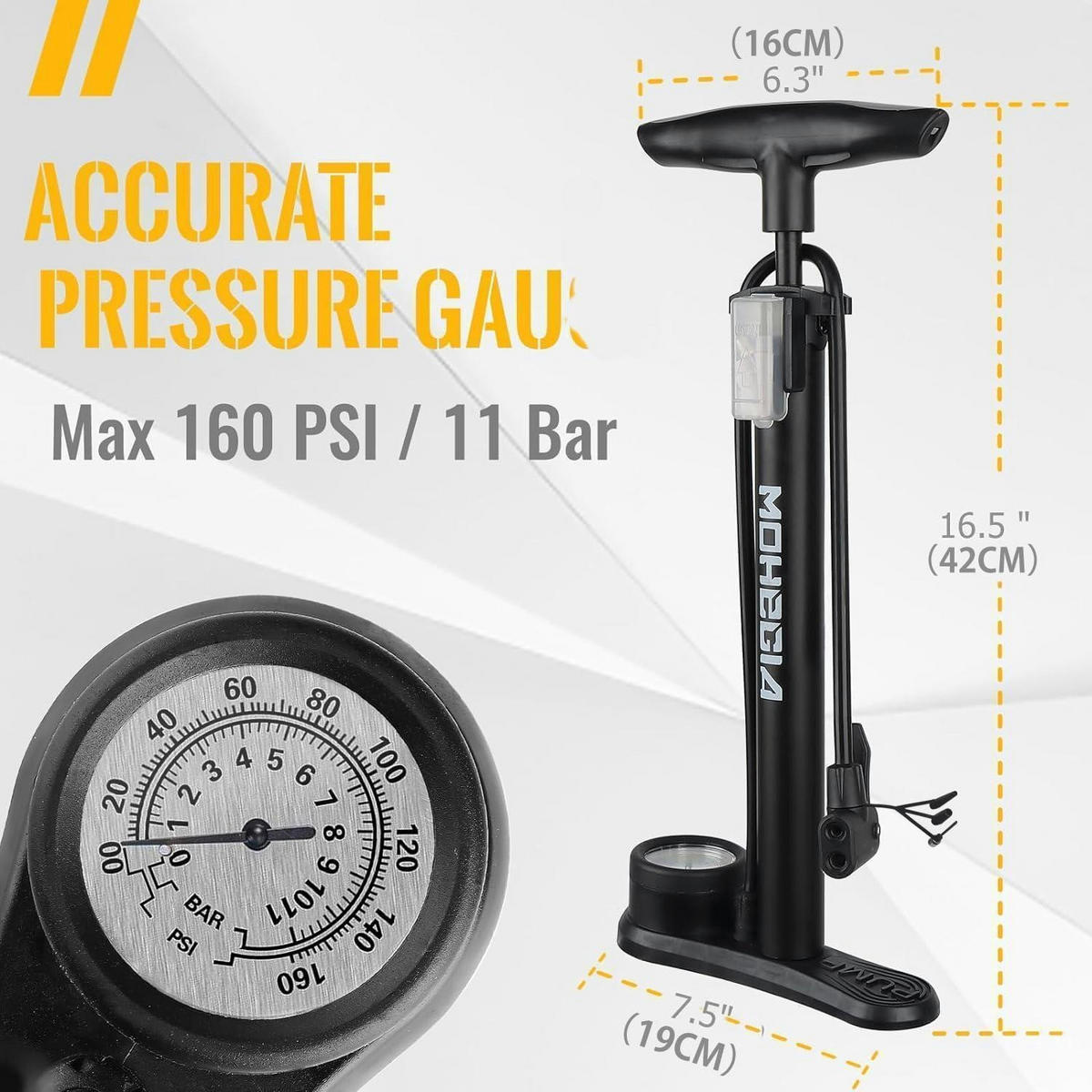 FAHRRADPUMPE mit Manometer 160 PSI Schwarz - Schwarz, Metall (16/41.9/19.1cm)