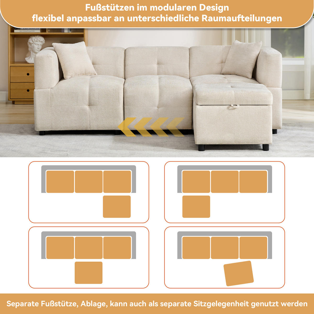 3-SITZER Ecksofa Chenille mit Stauraum-Fußhocker und 2 Kissen 204/126/69 cm Beige - Beige, Kunststoff/Textil (126/204cm) - Redom