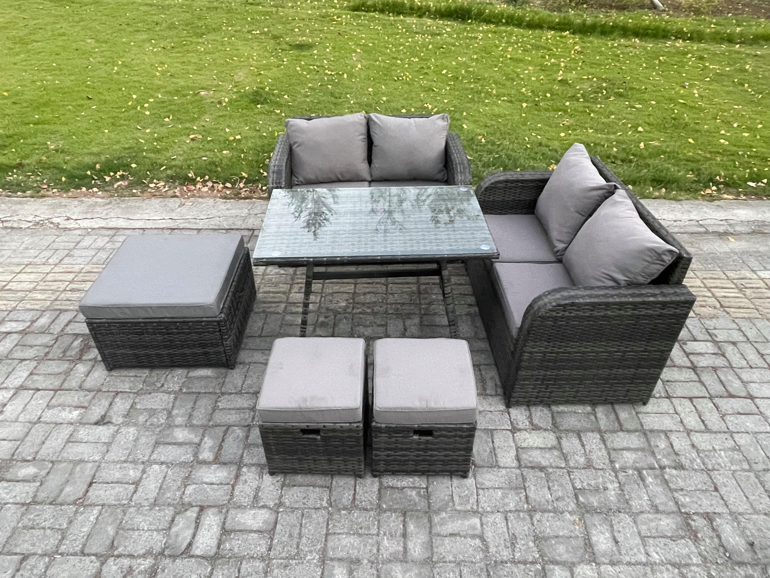 GARTENMÖBELSET mit ESSTISCH,SOFA Polyrattan 7-Sitzer - Dunkelgrau/Grau, Glas/Kunststoff - Fimous