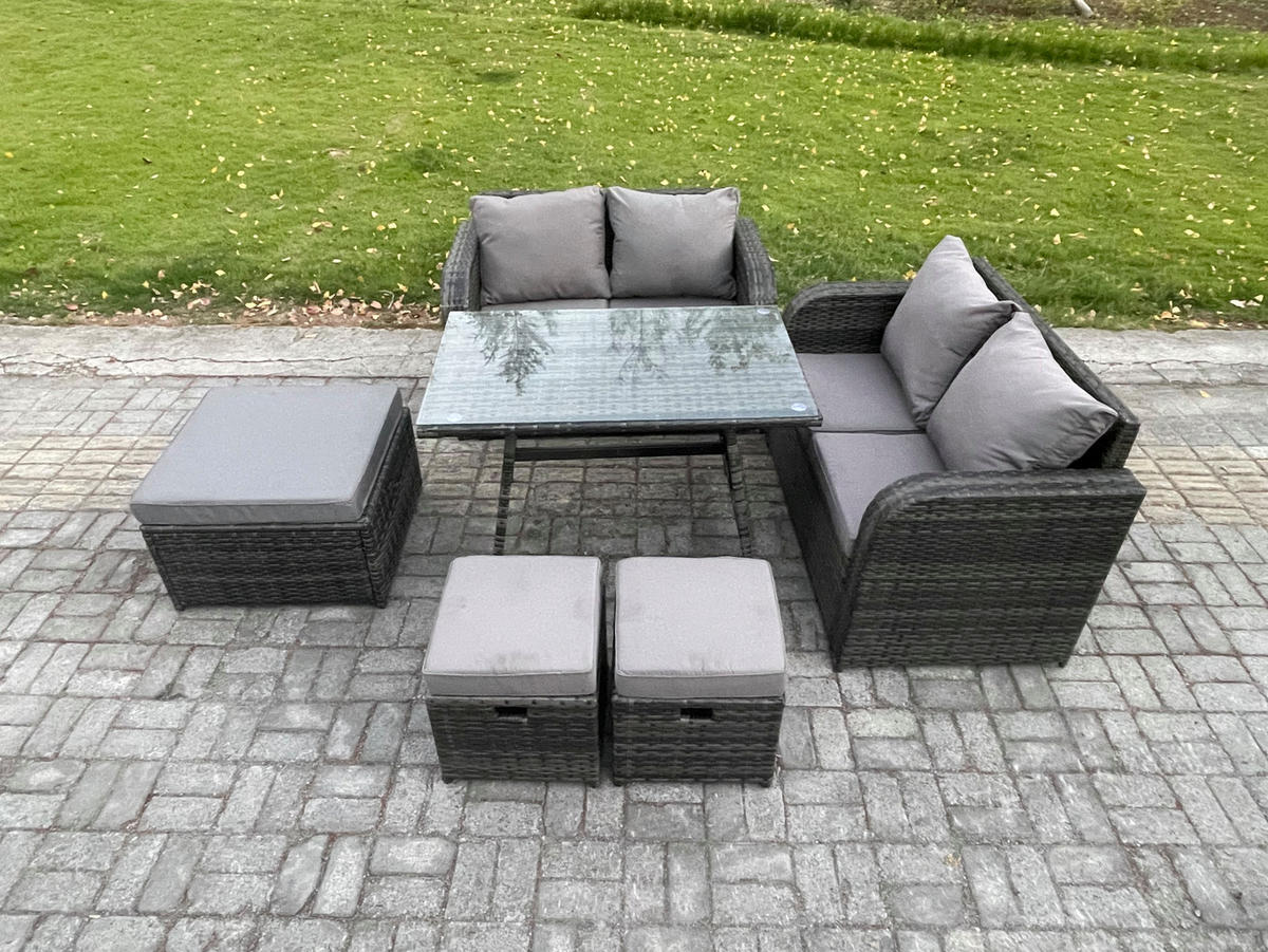GARTENMÖBELSET mit ESSTISCH,SOFA Polyrattan 7-Sitzer - Dunkelgrau/Grau, Glas/Kunststoff - Fimous
