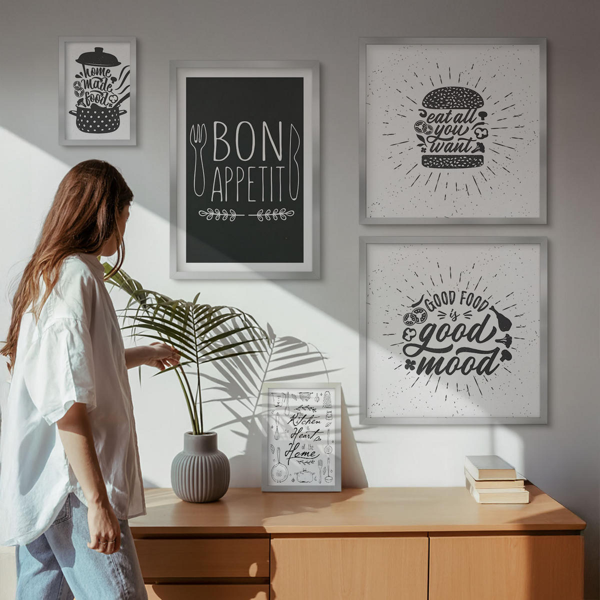 WANDBILDER 5er Set - 50x50 cm & 20x30 cm & 40x60 cm Silberner Rahmen - Grafiken, Lebensmittel, kulinarische Slogans - Silberfarben, Kunststoff (40/60cm) - ArtPrintCave