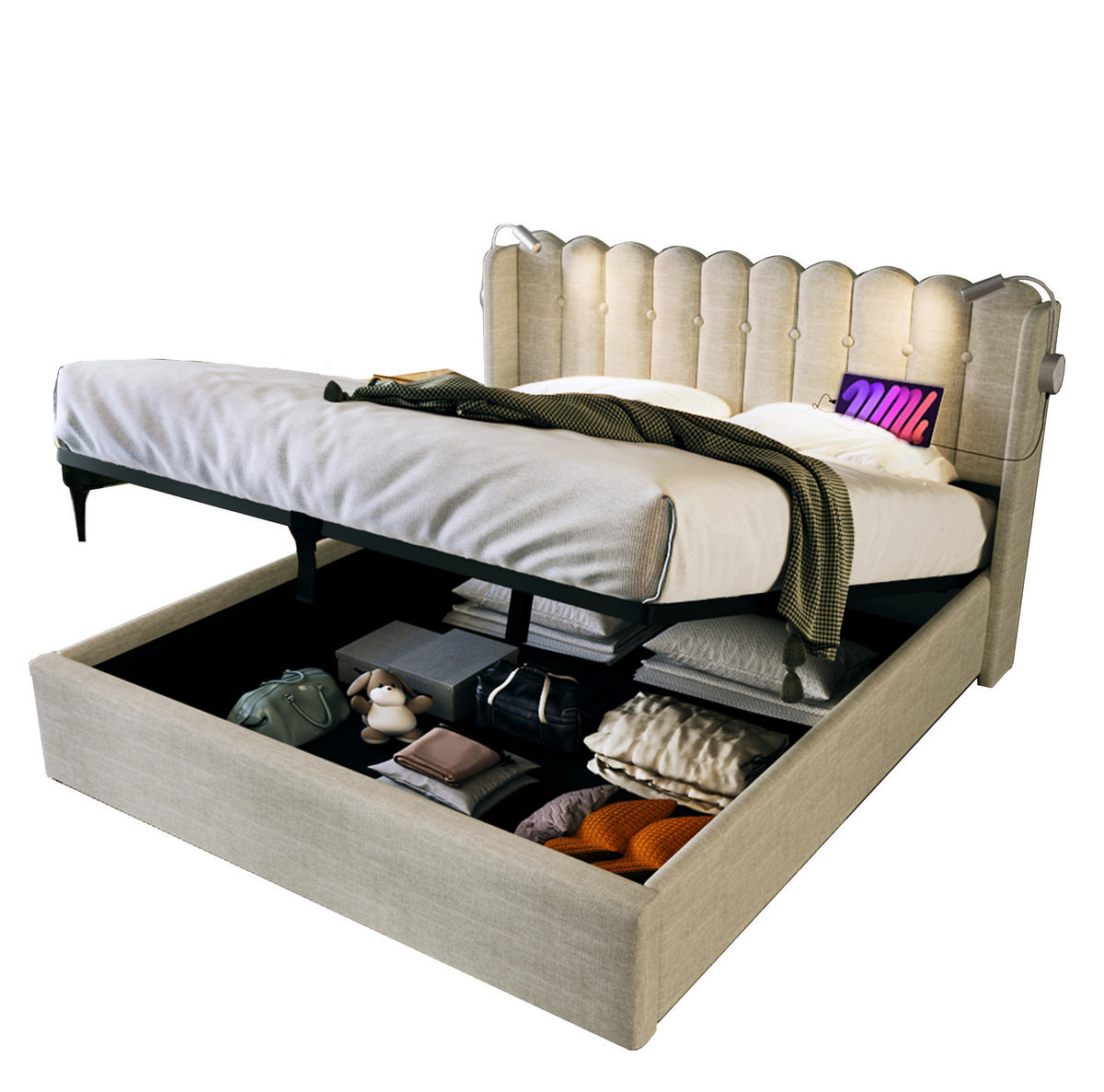 POLSTERBETT 160/200 cm in Natur mit Bettkasten, USB und Leselicht - Naturfarben, Textil (160/200cm) - Flora Grace