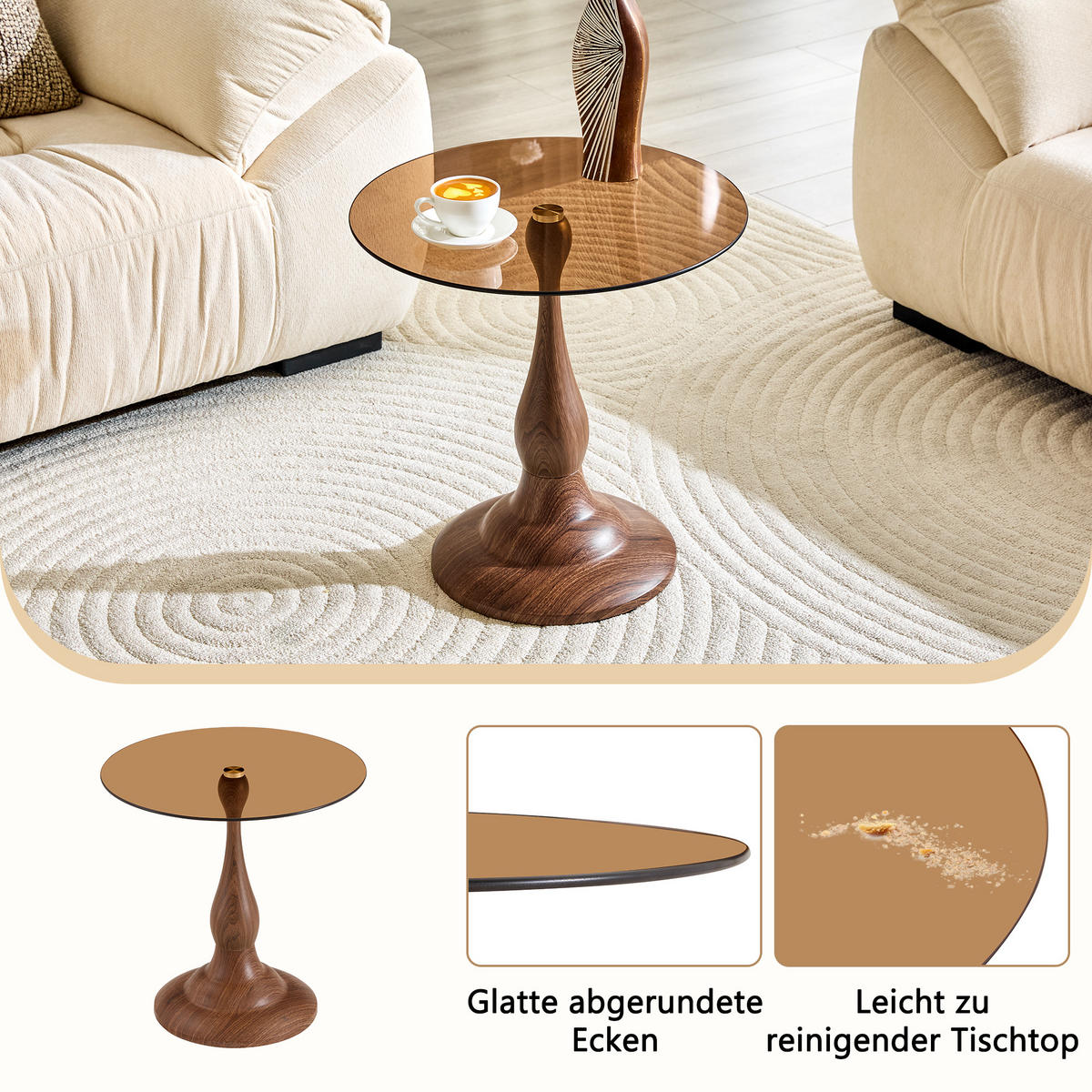 BEISTELLTISCH Rund Glas Modern Sofatisch Metallgestell Braun & Schwarz - Braun, Glas (50/50/51.5cm) - Urban Meuble