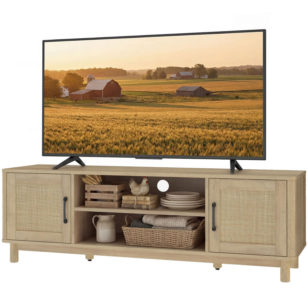 TV-LOWBOARD Eichefarben/Natur 135/39/45 cm, 2 Türen mit Rattangeflecht - Eichefarben, Naturmaterialien (135/45/39cm) - PANGIVO