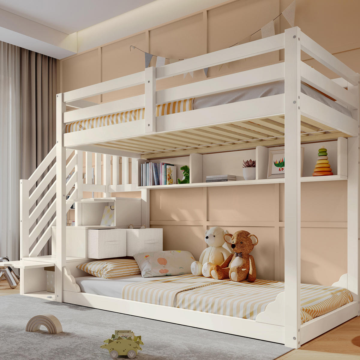 HOCHBETT aus Holz 90x200 cm in Weiß mit Treppenschrank & Stauraum - Weiß, Holz (90/200cm) - Modfu