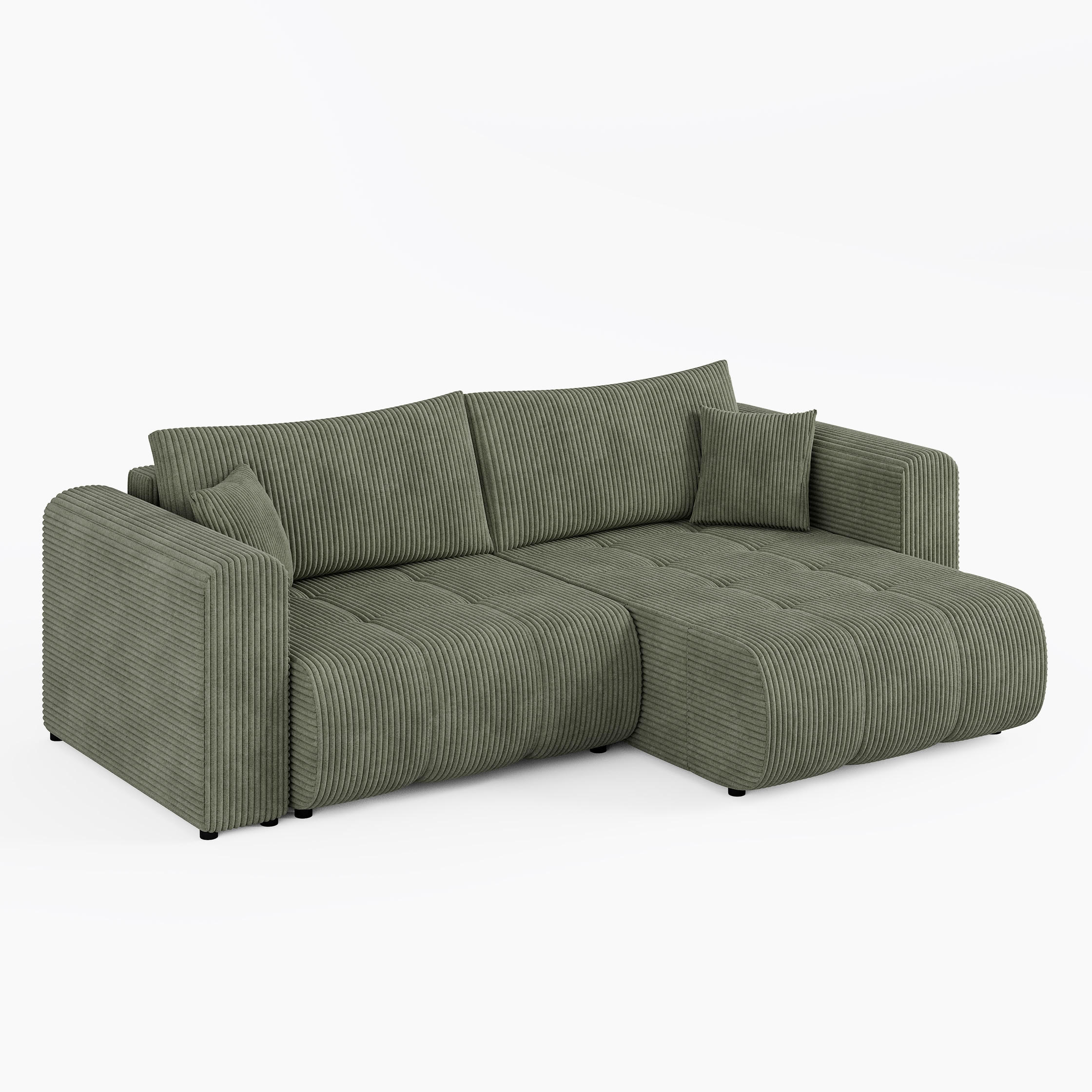 ECKSOFA RIVA Rechts Grün Cord-Stoff L-Form Couch mit Schlaffunktion & Bettkasten - Schwarz/Olivgrün, Holz (160/255cm) - Barchello