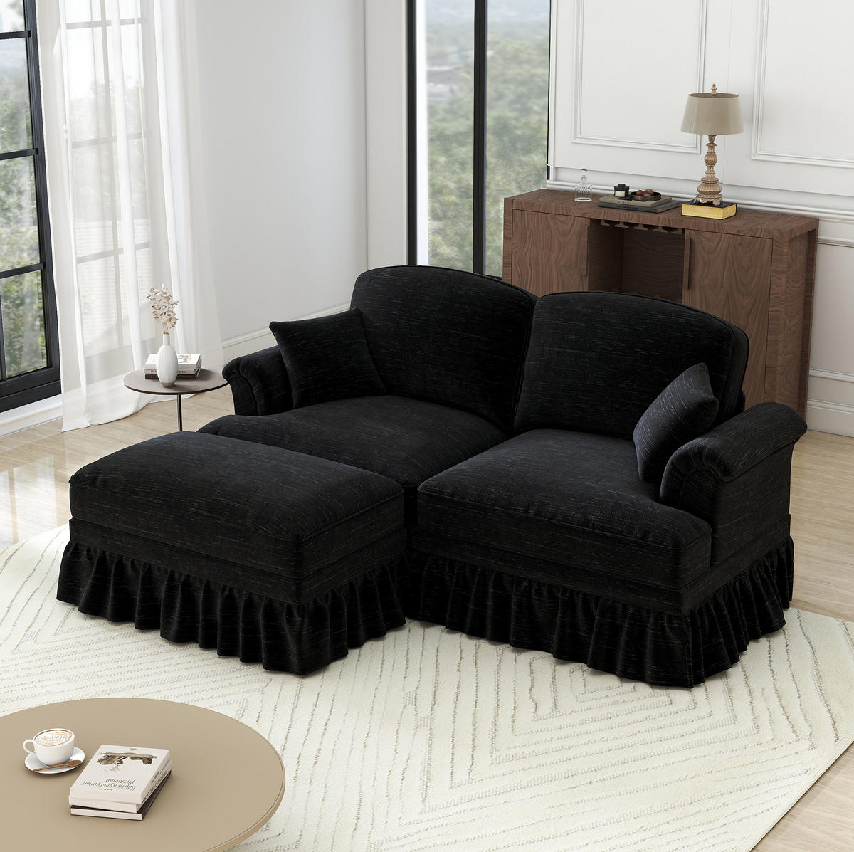 ECKSOFA 194/140/93 cm schwarz aus Chenille mit abnehmbarem Rüschenrock und beweglichem Hocker - Schwarz, Textil (140/194cm) - OKWISH