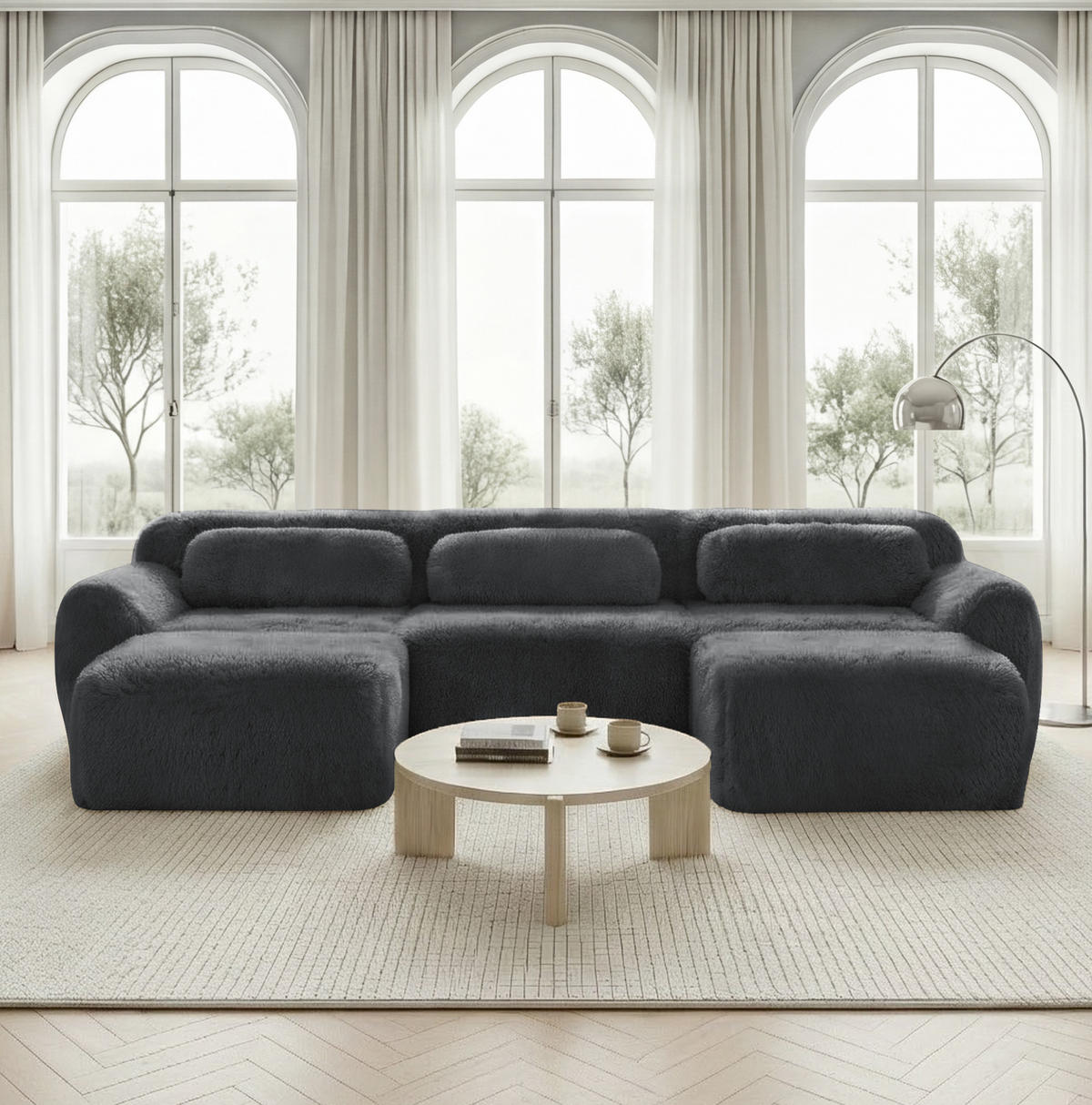 SOFA modular U-Form extrabreit Plüsch Grey - Grau, Kunststoff (179/73/291cm) - Meubliv