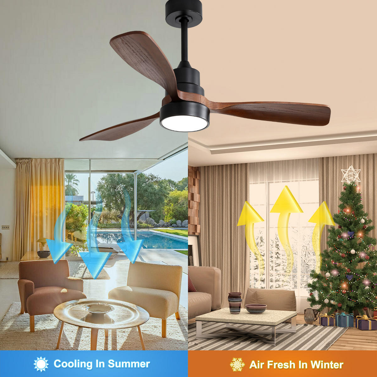 DECKENVENTILATOR DE-16325 48 Zoll mit 3 Massivholz-Flügeln - Schwarz, Holz/Metall (122/122/43.5cm) - ComfortXL