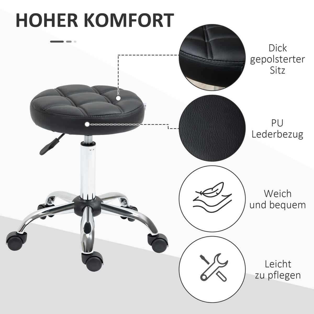 ROLLHOCKER Höhenverstellbarer Arbeitshocker, Drehbarer Salon Hocker für Büro - Schwarz, Leder (35.5/67/35.5cm) - HOMCOM
