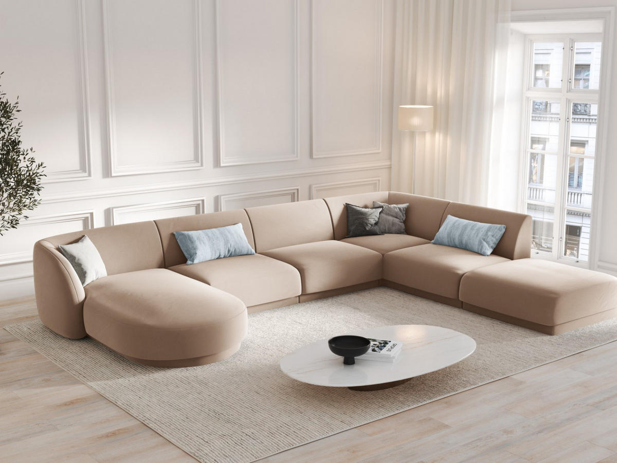 PANORAMASOFA rechts Miley aus Samt cappuccino 6 Sitzplätze - Cappuccino, Textil (255/70/330cm) - Micadoni