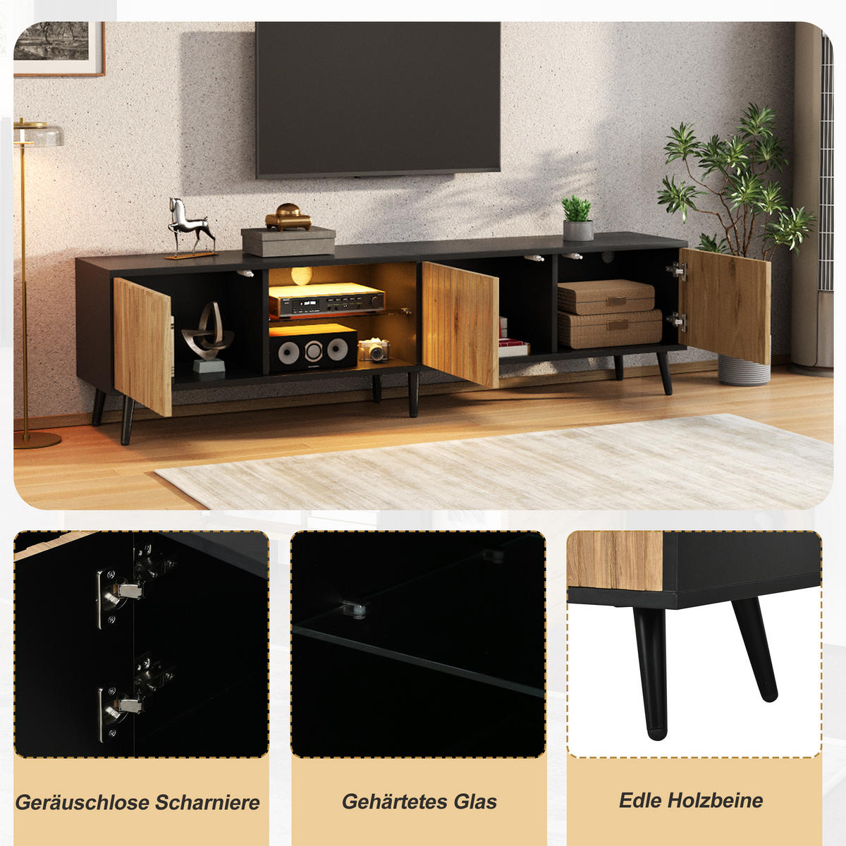 TV-LOWBOARD 175x31x43,5 cm Holz Schwarz LED 3 Schränke Stauraum - Naturfarben, Holzwerkstoff (31/43.5/175cm) - FLIEKS