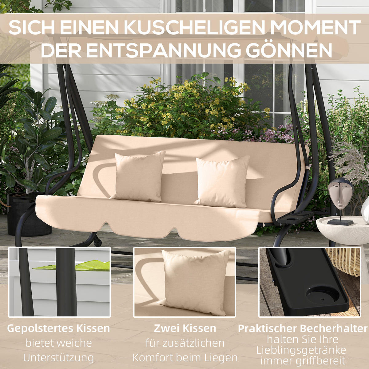 HOLLYWOODSCHAUKEL 3-Sitzer, 2in1 mit Liegefunktion - Braun, Kunststoff (120/164/200cm) - Outsunny