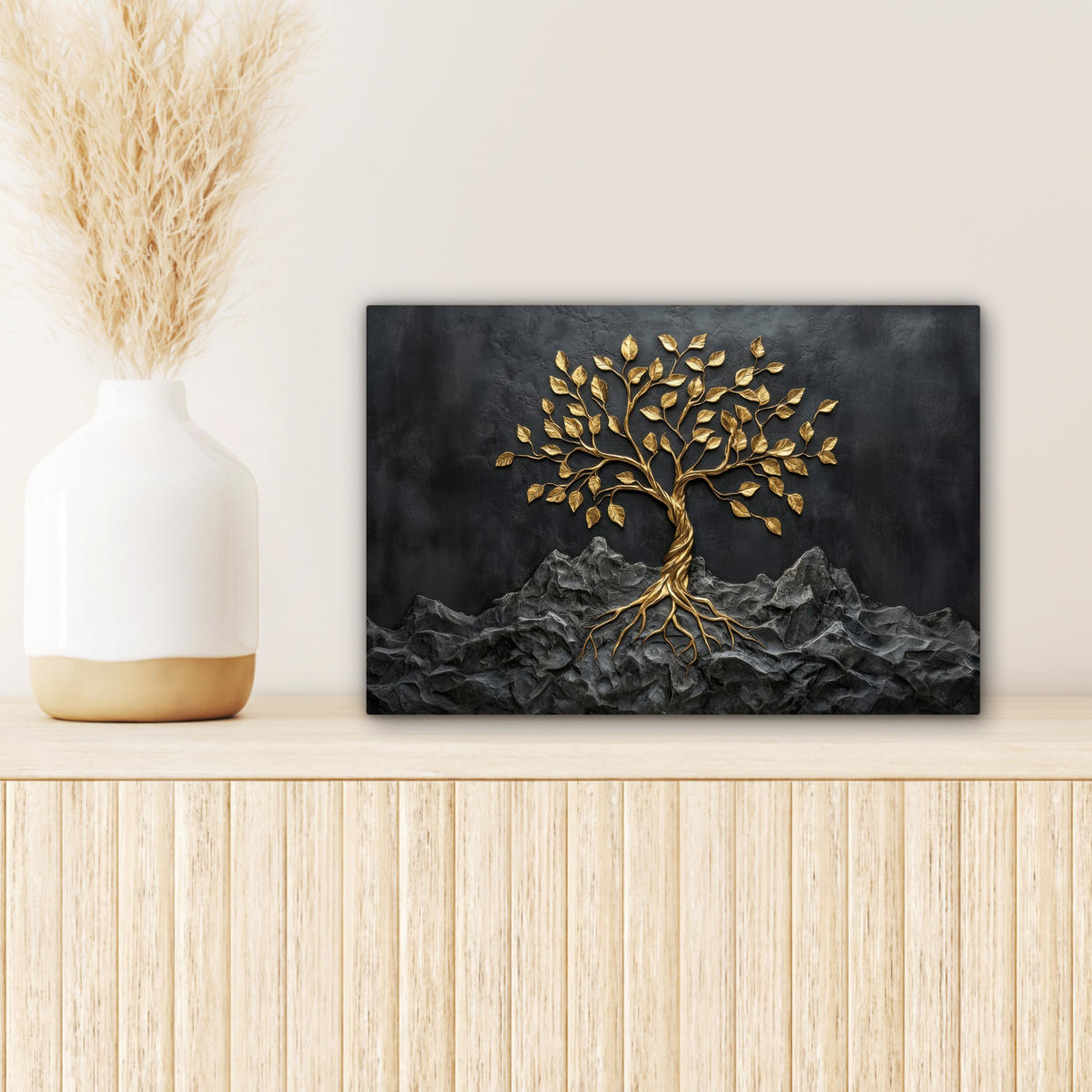 LEINWANDBILD Blätter - Gold - Baum - Fels Deko Schlafzimmer 30x20 cm - Schwarz, Textil (30/20cm) - MuchoWow