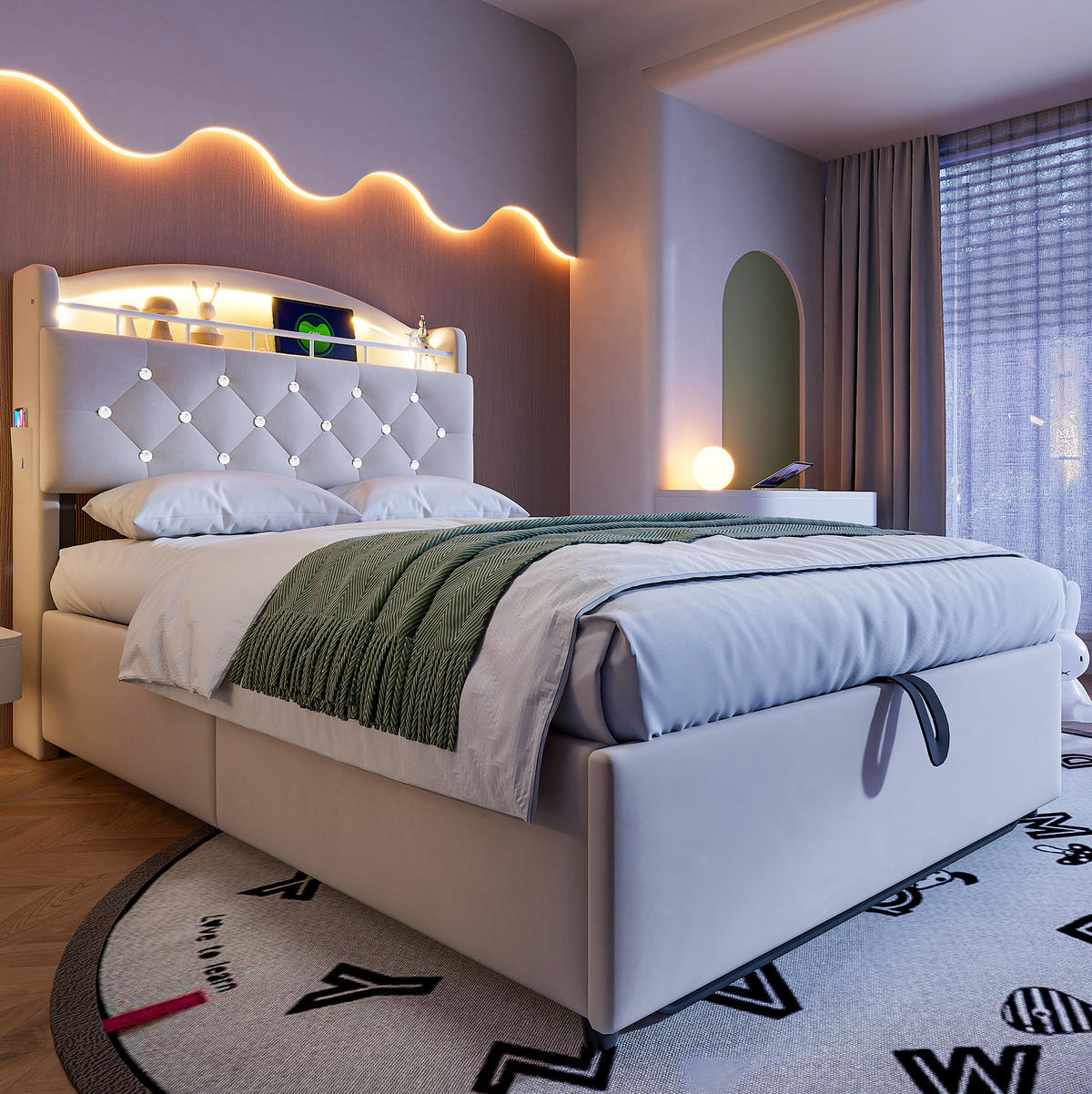 POLSTERBETT 90/200 cm in Beige mit Stauraum, LED und USB- und Type-C-Anschlüssen - Beige, Textil (90/200cm) - Flora Grace
