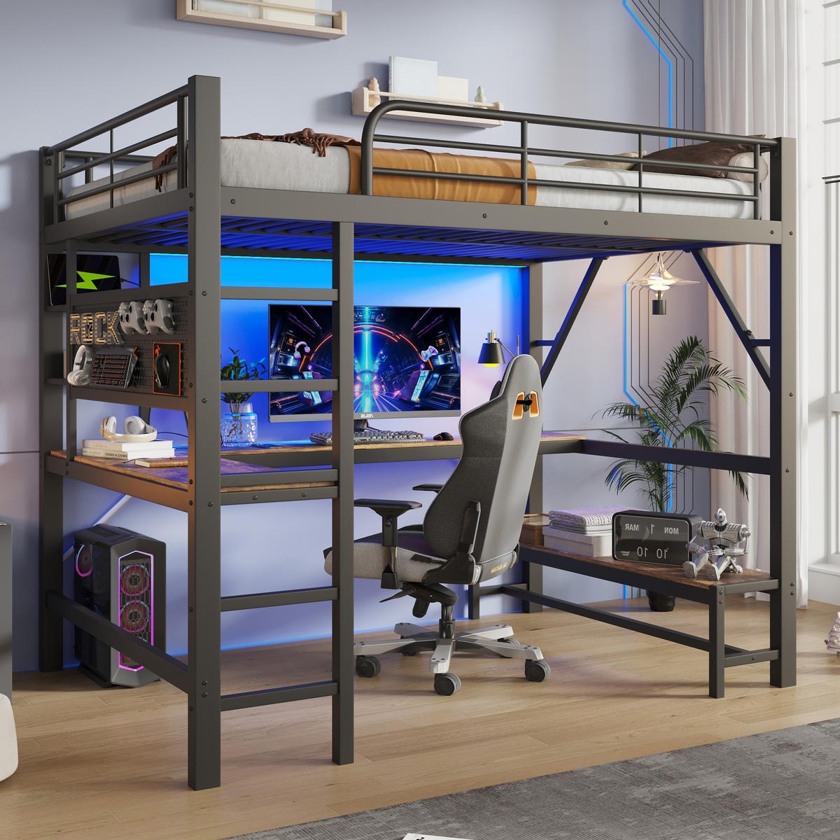 HOCHBETT 160/200 cm mit Schreibtisch und LED, DE-41983, in Schwarz - Schwarz, Metall (160/200cm) - ComfortXL