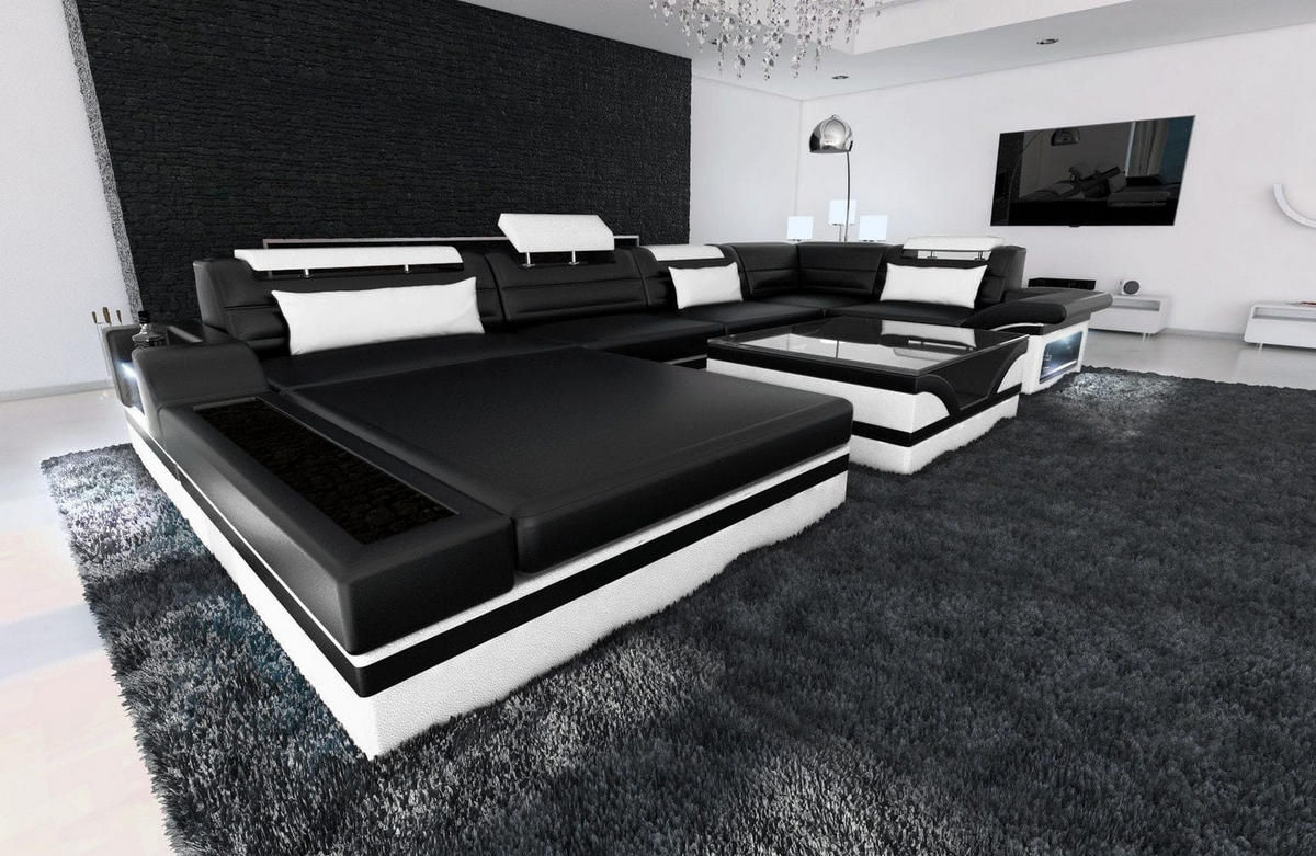SOFA Mezzo U Schwarz Weiß Kunstleder - Schwarz, Textil (372/78/214cm)