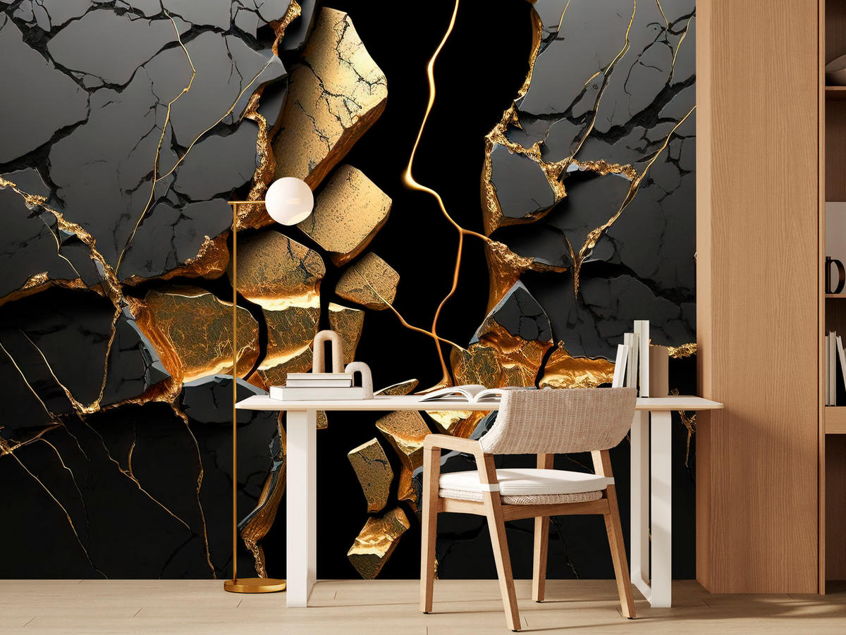 FOTOTAPETE für Wohnzimmer Schwarzer Abstrakter Marmor Gold Risse Wand 200x140 - Schwarz, Papier (200/140cm) - Muralo