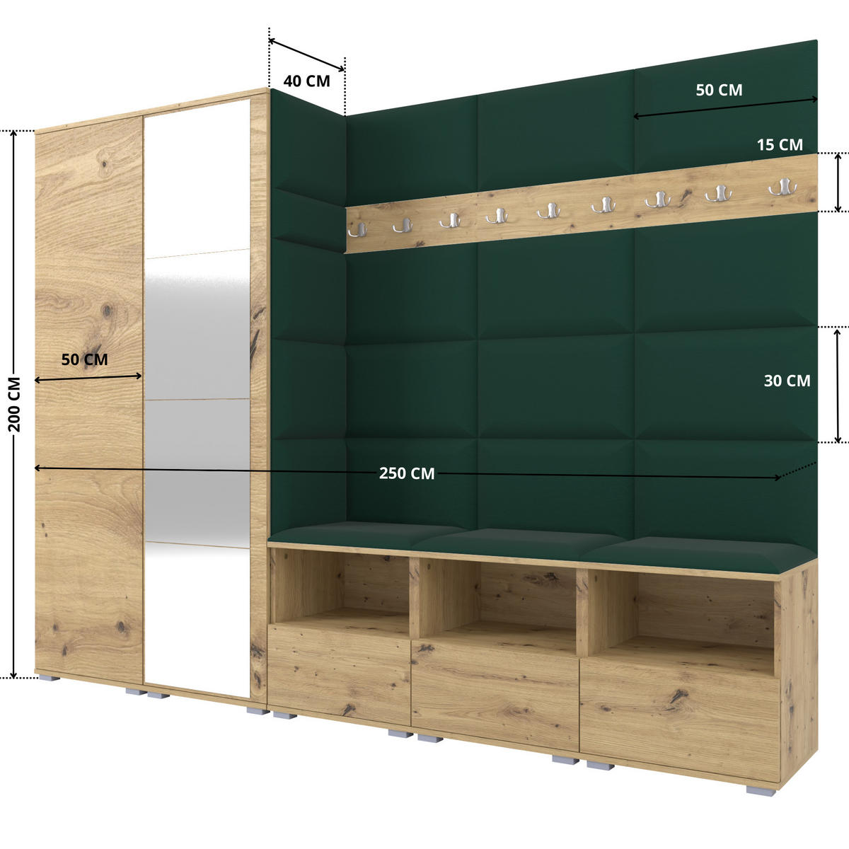 GARDEROBE NELA VII 250 cm (Modulare Flurmöbel XL Artisan Eiche mit Spiegel & Sitzpolster Flaschengrün 28 Universell) - Dunkelgrün/Silberfarben, Holz/Holzwerkstoff (250/187/40cm) - Ravio