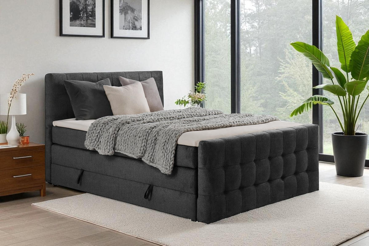 BOXSPRINGBETT IMPERIAL mit Topper und Bettkasten, Grau, 120x200 cm - Grau, Textil (120/200cm) - KS Home Concept