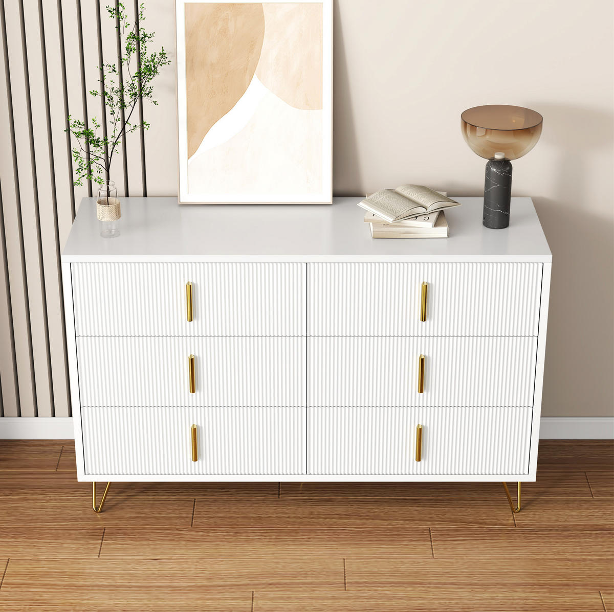 SIDEBOARD 120/40/77 cm mit 6 Schubladen und Wellenfront, aus Spanplatte, Weiß/Gold - Weiß, Holzwerkstoff (120/77/40cm) - Redom