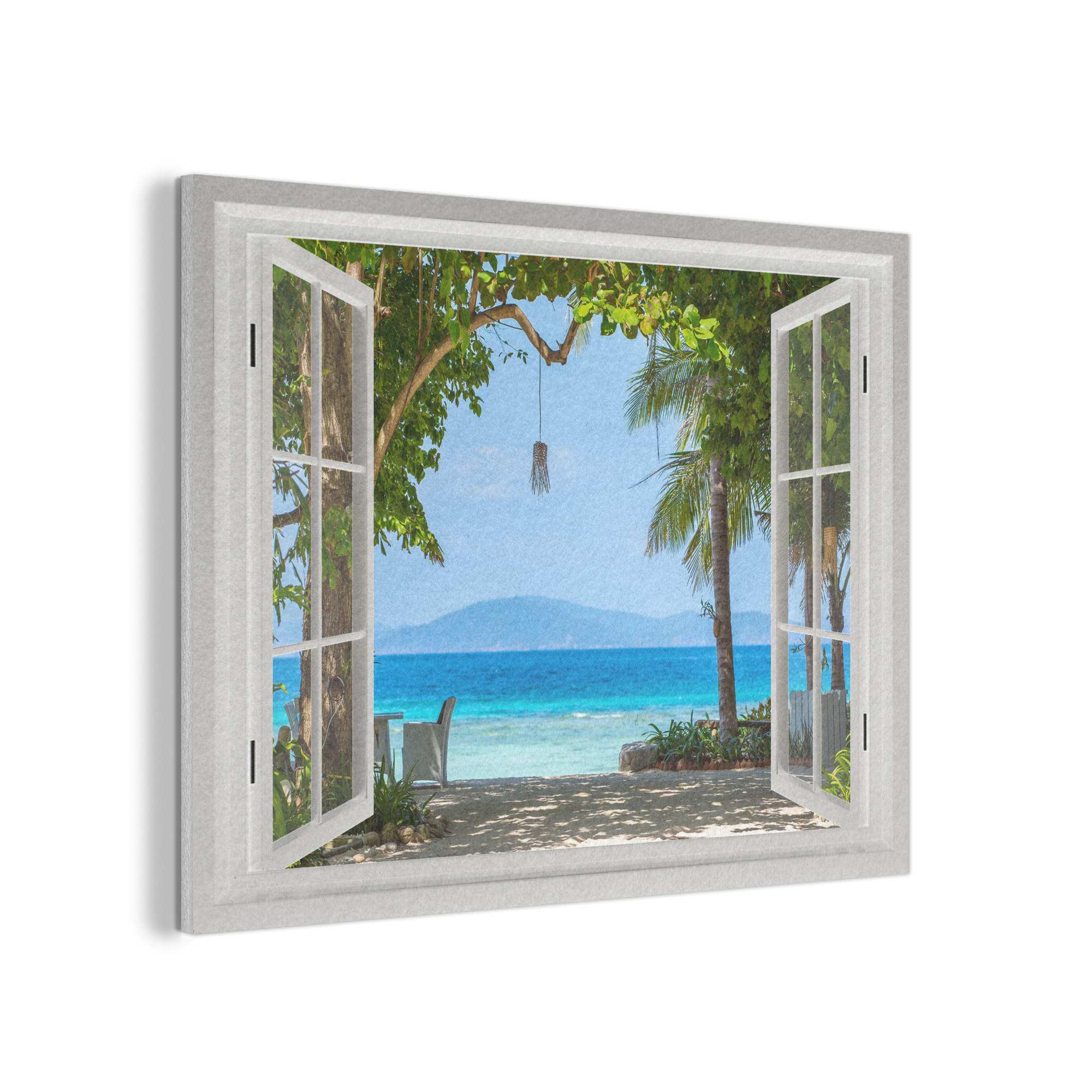 AKUSTIKBILD Aussicht - Baum - Meer - Palme - Hügel - Strand - Blau Wandbild Wohnzimmer 100x70 cm - Blau, Textil (100/70/0.9cm) - MuchoWow