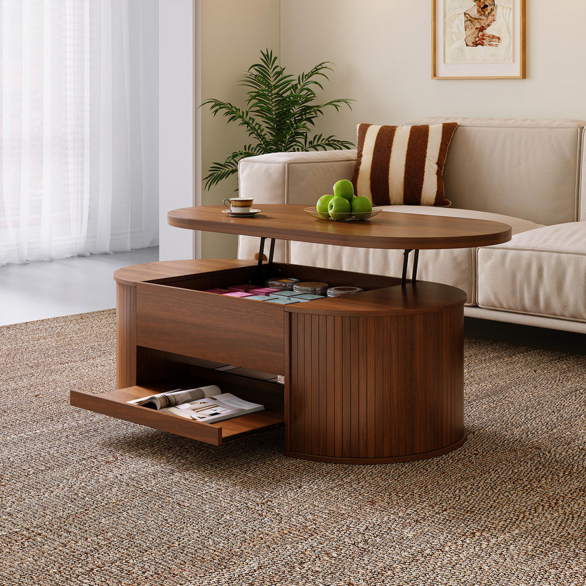 COUCHTISCH Anhebbar Walnussoptik Gebogene Holzseiten Ausziehbares Regal - Braun, Holz (125.1/60.96/14.61cm) - FLIEKS