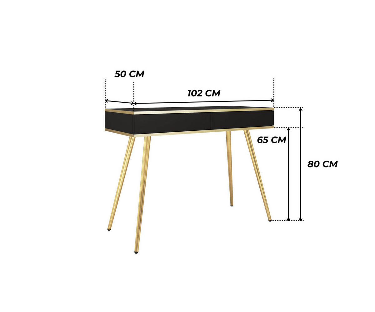 KONSOLENTISCH FORNO (Schwarz, Goldene Details, 2 Schubladen, goldene Metallfüße) - Gelb/Goldfarben, Holz/Holzwerkstoff (50/102/80cm) - Ravio