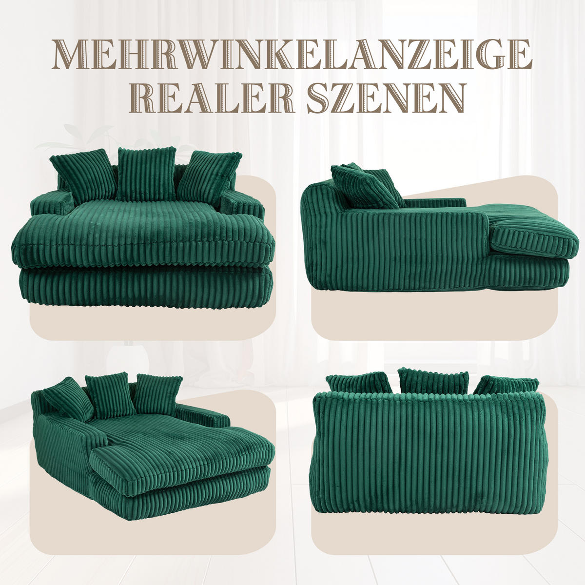 CHAISELONGUE Cord mit 3 Kissen bodennah und ergonomisch 125/155/63 cm Smaragdgrün - Smaragdgrün, Textil (63/125/155cm) - Redom