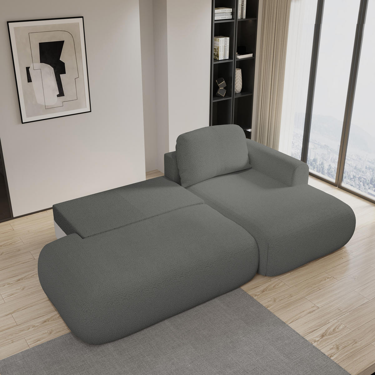 ECKSOFA NUVIRA R-S Grau Boucle-Stoff mit Schlaffunktion - Grau, Holz (274/165cm) - MASSENO