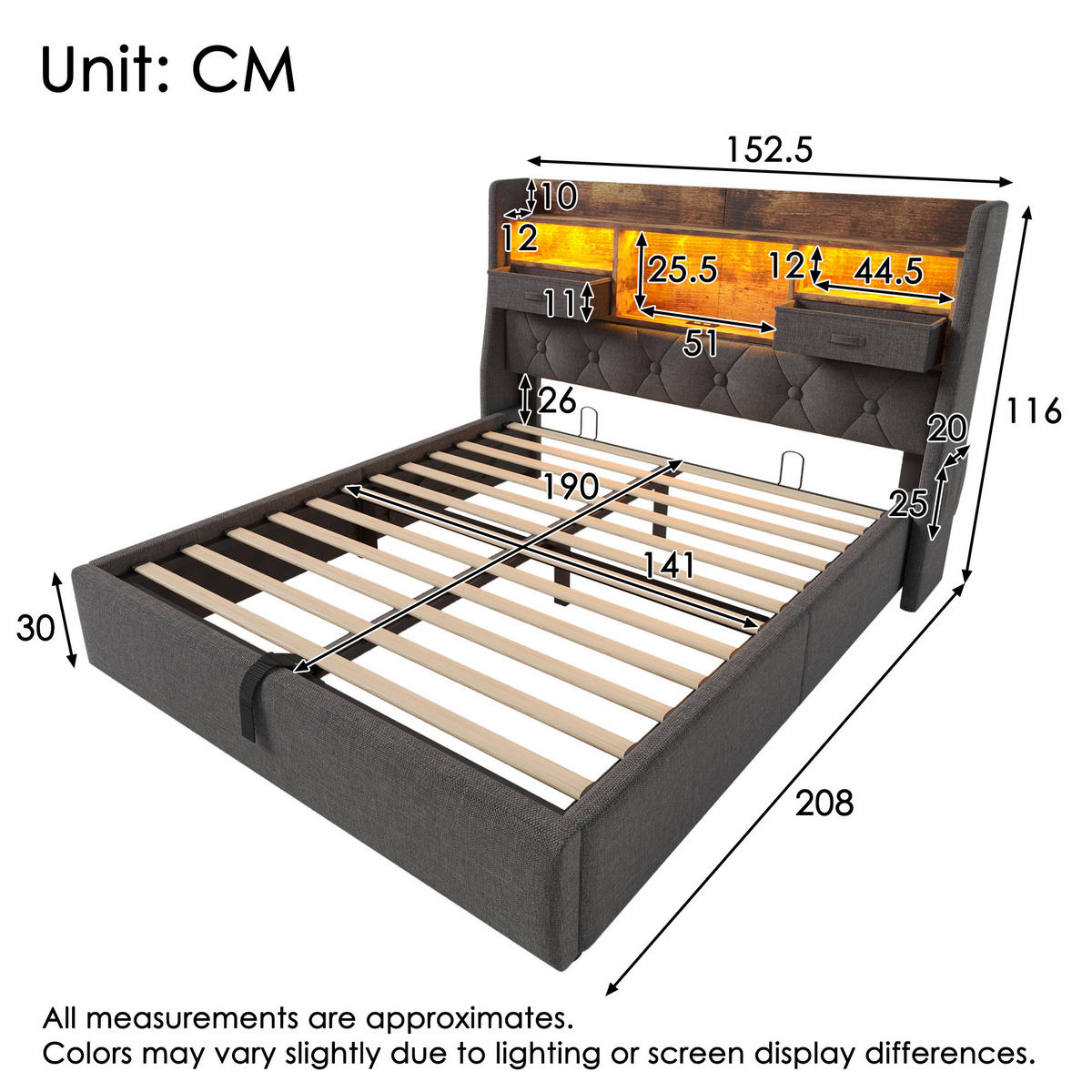 BETT mit Stauraum und LED 140x190 cm Leinen Grau - Grau, Metall (140/190cm) - Meubliv