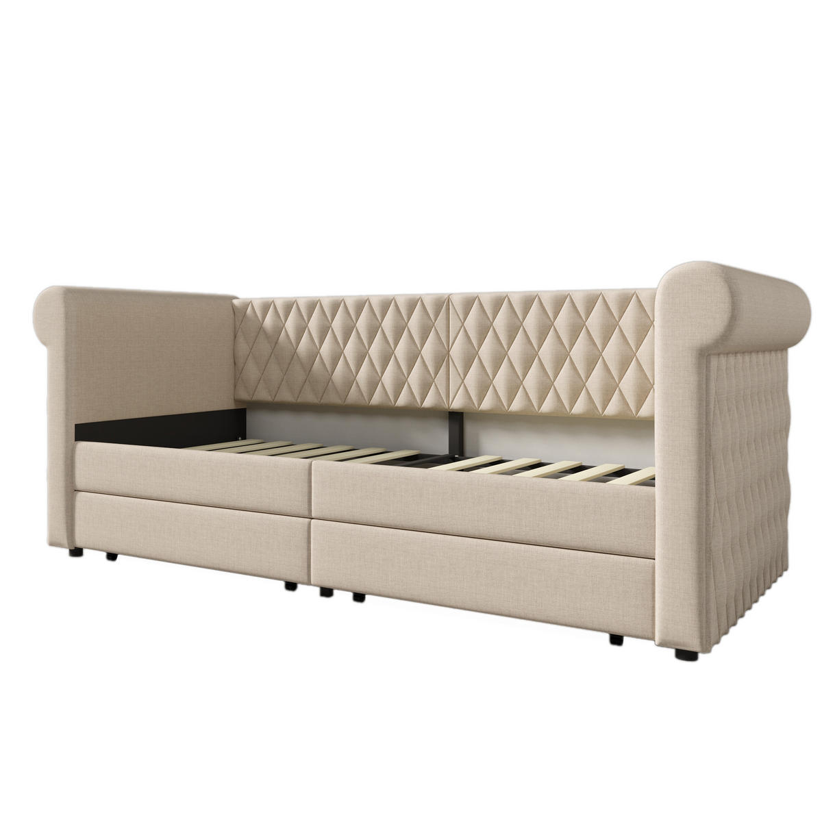 POLSTERBETT 90/200 cm Beige Vintage Kopfteil mit 2 Stauraum Schubladen - Beige, Textil (90/200cm) - OKWISH