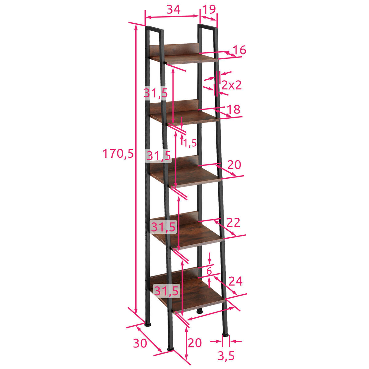 LEITERREGAL Folkestone,inklusive Kippschutz, 35,5 x 31,5 x 170,5 cm,Industrial Holz dunkel, rustikal - Rostfarben, Holzwerkstoff (31.5/170.5/35.5cm) - tectake