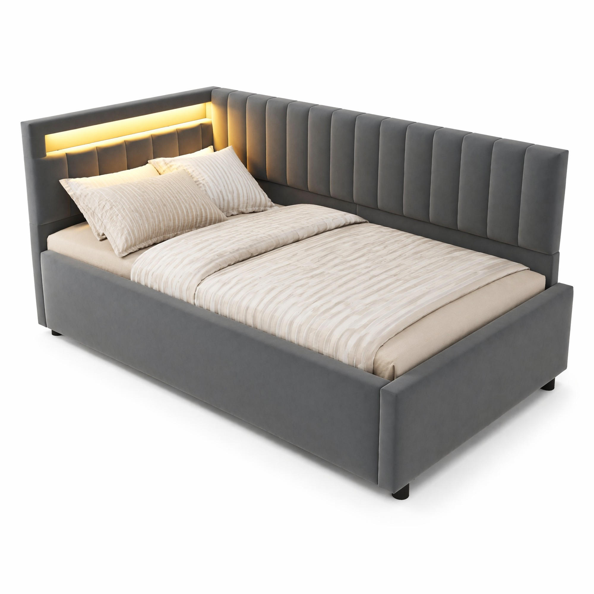 SCHLAFSOFA 90/200 cm in Grau Samt mit LED und Bettkasten - Dunkelgrau, Holzwerkstoff/Textil (90/200cm) - CHICFURN