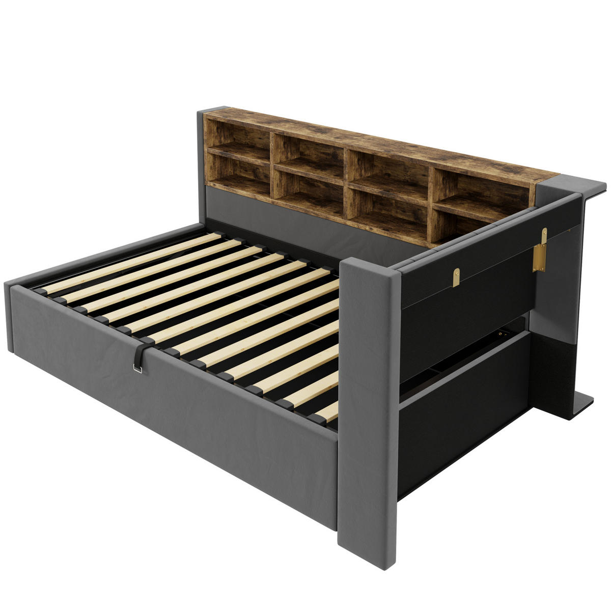 POLSTERBETT aus Samt 90x200 cm Dunkelgrau mit Nachtlicht, USB- und Type-C-Anschluss, Bettkasten und Ablagen - Dunkelgrau, Textil (90/200cm) - Modfu