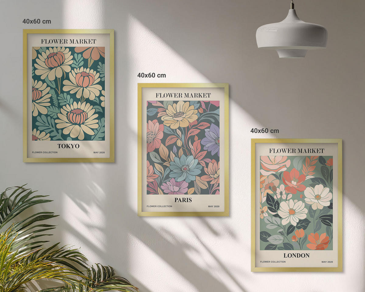 WANDBILDER 3er Set - 40x60 cm Goldrahmen - Blumenposter Tokio Paris London - Goldfarben, Kunststoff (40/60cm) - ArtPrintCave