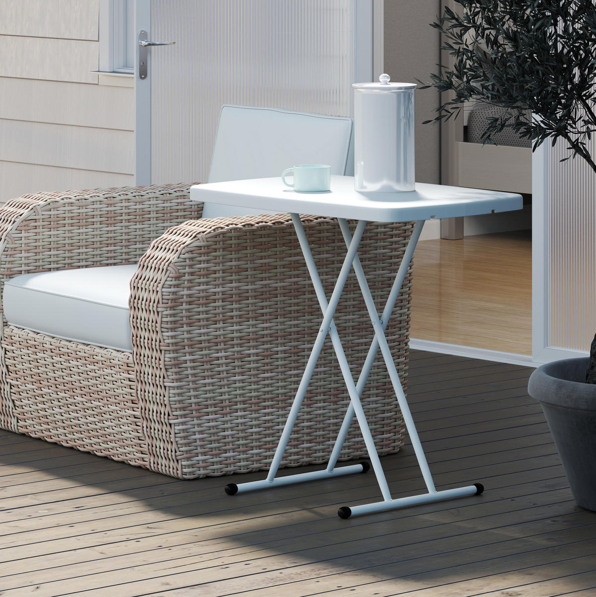 GARTENTISCH 76/50/74 cm weiß aus Kunststoff und Stahl klappbar höhenverstellbar - Naturfarben, Metall (76/50/74cm) - OKWISH