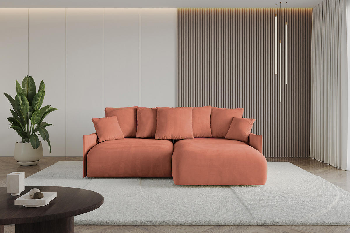 ECKSOFA Ottomane rechts ONESK-L -v1 216x177x72 Apricot Velours - Koralle, Holzwerkstoff/Kunststoff (177/216cm) - ALTDECOR