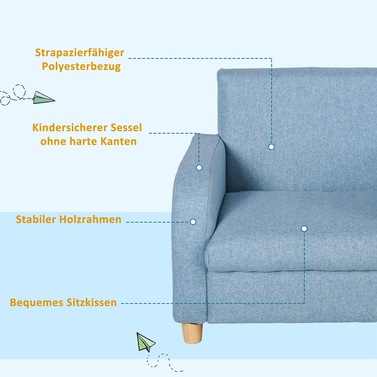 KINDERSOFA, Blau, Holz, Leinen - Blau, Holz (45/44.5/49cm) - HOMCOM