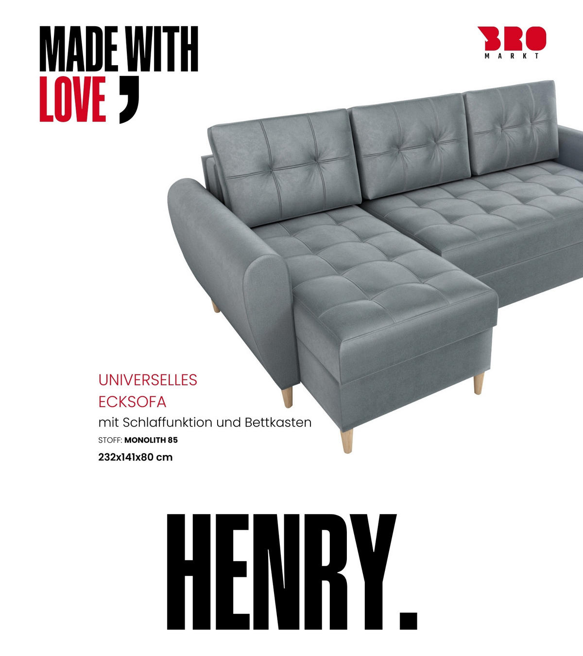 ECKSOFA Henry mit Schlaffunktion Grau Samtstoff - Grau, Textil (232/141cm) - Bromarkt