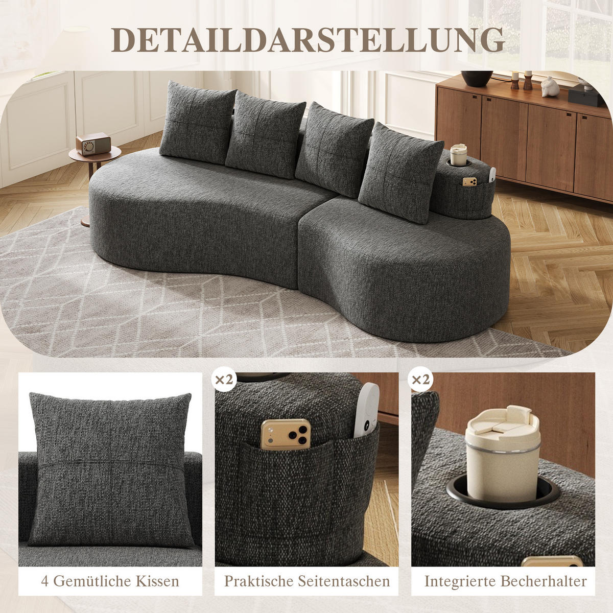 3-SITZER SOFA leinenstoff farbwahl mit getränkehalter & seitentaschen - Dunkelgrau, Textil (240/63/109cm) - Urban Meuble