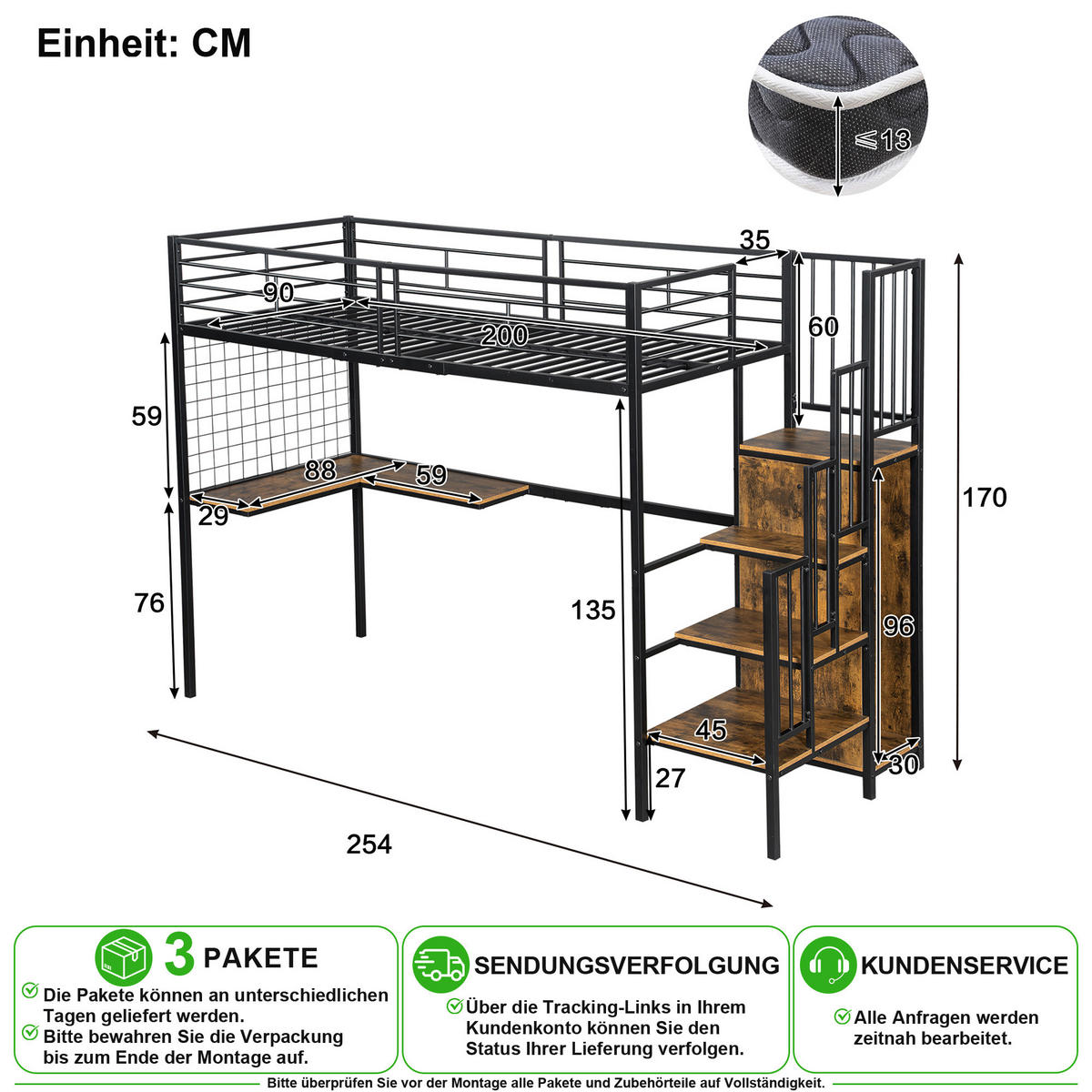 VYVÝŠENÁ POSTEL 90/200 cm v černé a tmavě ořechové barvě se skříní a stolem - černá, kov/kompozitní dřevo (90/200cm) - CHICFURN